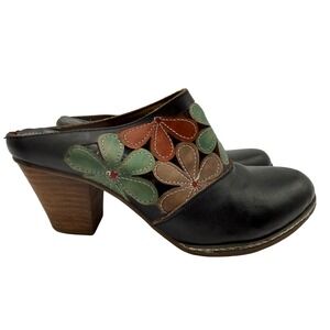 Spring Step L'Artiste Floral Clogs Womens 37 6.5 Black Excellent Leather Mule